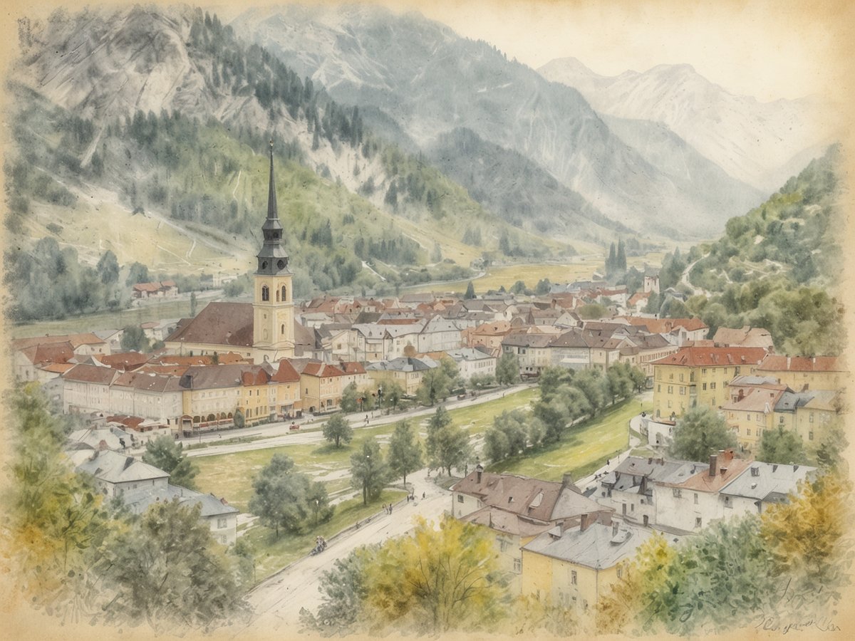 Blick auf die malerische Stadt Bad Ischl im Salzkammergut, umgeben von majestätischen Bergen. Im Vordergrund ist der markante Kirchturm mit seiner spitzen Wetterfahne zu sehen, der sich über die Dächer der Altstadt erhebt. Die sanften Hügel und das grüne Tal verleihen der Landschaft ein harmonisches Flair, während die bunten Häuserfronten einladend wirken. Die Szenerie strahlt einen historischen Charme aus und lädt zu einem Besuch der heilenden Quellen und der kaiserlichen Geschichte der Region ein.