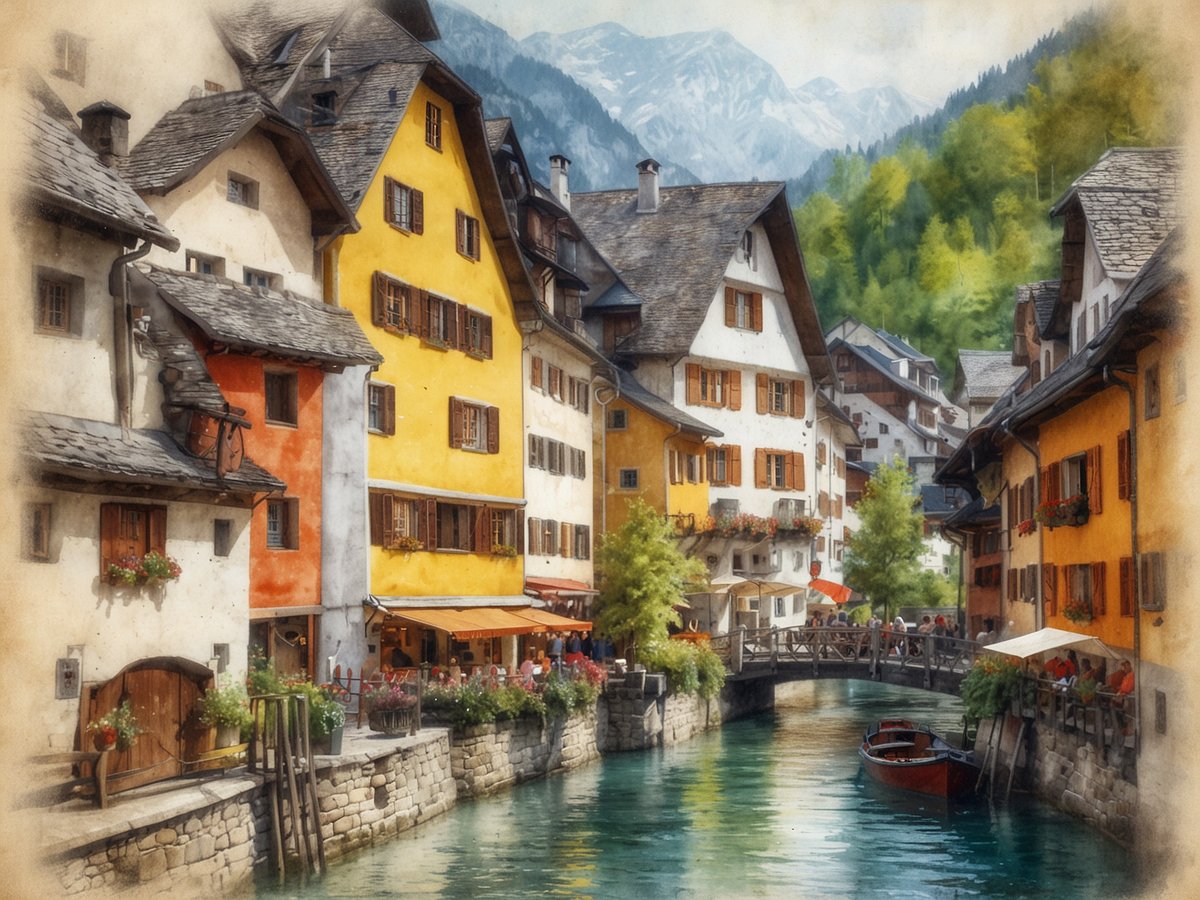 Eine malerische Hafenstadt mit bunten Häusern in Gelb, Orange und Weiß, die sich entlang eines klaren Wassers erstrecken. Die Gebäude zeigen traditionelle Architektur mit Fensterläden und blühenden Blumenkästen. Im Vordergrund verläuft ein schmaler Kanal, in dem ein kleines rotes Boot angelegt ist. Auf einer Holzbrücke stehen Menschen, die die idyllische Atmosphäre genießen. Im Hintergrund erheben sich grüne Hügel und majestätische Berge, die die postkartenartige Kulisse von Hallstatt, einem Weltkulturerbe, perfekt abrunden.
