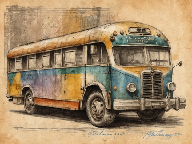 Auf dem Bild ist ein alter, farbiger Bus zu sehen, der in einem künstlerischen Stil dargestellt ist. Die Farben sind kräftig und erinnern an einen vintage Look. 

Für Reisende in Südafrika gibt es verschiedene mobile Datenoptionen:

1. **Prepaid-SIM-Karten**: Anbieter wie Vodacom, MTN und Cell C bieten Prepaid-SIM-Karten an, die sich leicht in lokalen Shops oder am Flughafen erwerben lassen. Diese Karten bieten flexible Datenpakete.

2. **Datenpakete**: Viele Anbieter haben spezielle Reisepakete, die vergünstigte Datenraten für Touristen anbieten. Diese Pakete sind oft für eine bestimmte Anzahl an Tagen gültig und bieten eine großzügige Datenmenge.

3. **Roaming-Optionen**: Einige Mobilfunkanbieter in Europa bieten Roaming-Dienste an, die es ermöglichen, die bestehenden Tarife im Ausland zu nutzen. Es ist jedoch ratsam, die Kosten vor der Reise zu überprüfen.

4. **WLAN-Hotspots**: In vielen Cafés, Restaurants und öffentlichen Orten gibt es kostenloses WLAN. Dies kann eine gute Ergänzung zur mobilen Datennutzung sein.

Es ist wichtig, vor der Reise die Optionen zu vergleichen und die beste Lösung für die individuellen Bedürfnisse zu wählen.