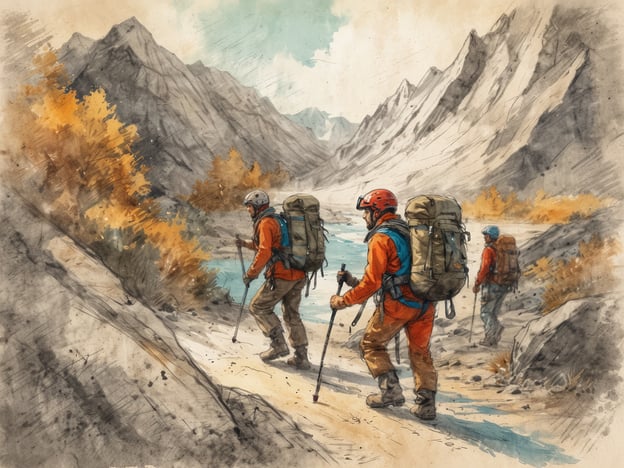 Auf dem Bild sind drei Abenteurer zu sehen, die in einer bergigen Landschaft wandern. Sie tragen Rucksäcke und Helme, was darauf hindeutet, dass sie wahrscheinlich eine anspruchsvolle Trekkingtour unternehmen. Die Umgebung ist von hohen Bergen und herbstlichen Farben geprägt. Diese Szene könnte ein perfekter Ausgangspunkt für Aktivitäten wie Bergsteigern, Wandern oder Outdoor-Camping sein. Ideal für Natur- und Abenteuerliebhaber!