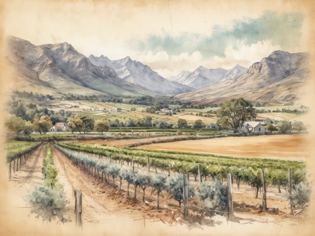 Auf dem Bild ist eine malerische Landschaft mit Weinbergen und Bergen im Hintergrund zu sehen. Diese Szene könnte typisch für eine der wichtigsten Weinregionen Südafrikas sein, wie zum Beispiel:

1. **Stellenbosch**: Bekannt für seine hochwertigen Weine und malerischen Weinlandschaften.
2. **Paarl**: Berühmt für seine großen Weinfarmen und die schöne Umgebung.
3. **Franschhoek**: Eine historische Region mit vielen Weinfarmen, die auch für ihre erstklassige Gastronomie bekannt ist.
4. **Robertson**: Eine Region, die für ihre Weißweine und die wunderschönen Landschaften geschätzt wird.

Solche Bilder sind repräsentativ für die Weinproduktion in Südafrika, wo die Kombination aus Klima und Boden ideale Bedingungen für den Weinbau bietet.