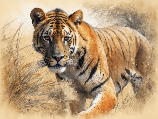 Auf dem Bild ist ein majestätischer Tiger zu sehen, der durch hohes Gras schleicht. Die Farben und Details des Fells betonen seine Stärke und Eleganz. Auch wenn der Tiger nicht in der südafrikanischen Tierwelt beheimatet ist, symbolisiert er die Schönheit und Anmut, die viele wilde Tiere in dieser Region ausstrahlen. Zentrale Elemente der südafrikanischen Tierwelt sind die harmonischen Beziehungen zwischen den Artgenossen und die beeindruckenden Landschaften, die diesen beeindruckenden Tieren ihren Lebensraum bieten.