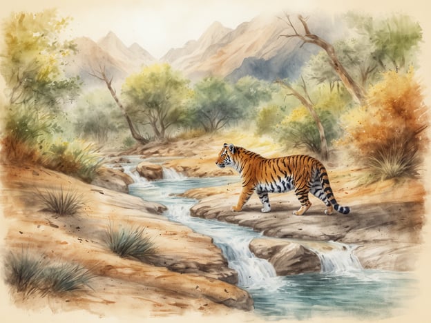 Auf dem Bild ist ein Tiger zu sehen, der entlang eines kleinen Wasserlaufes in einer malerischen Landschaft mit Bergen und Bäumen geht. Die Umgebung ist in sanften Farben gehalten und vermittelt ein ruhiges, natürlicher Gefühl. Diese Szenerie erinnert an eine Safari im Game Reserve, wo wilde Tiere in ihrer natürlichen Umgebung beobachtet werden können.