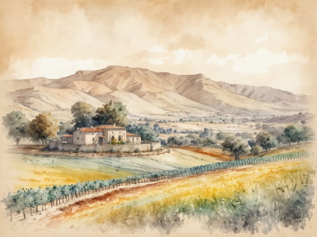 Das Bild zeigt eine malerische Landschaft mit einem Weingut in Südafrika, umgeben von sanften Hügeln und weiten Weinbergen. Die sanften Erdtöne und die harmonische Farbgestaltung vermitteln eine entspannte Atmosphäre, die die Schönheit der Weingüter in Südafrika perfekt einfängt. Die idyllische Umgebung lädt dazu ein, die Weinregion zu erkunden und die exquisite Weinkultur zu entdecken.