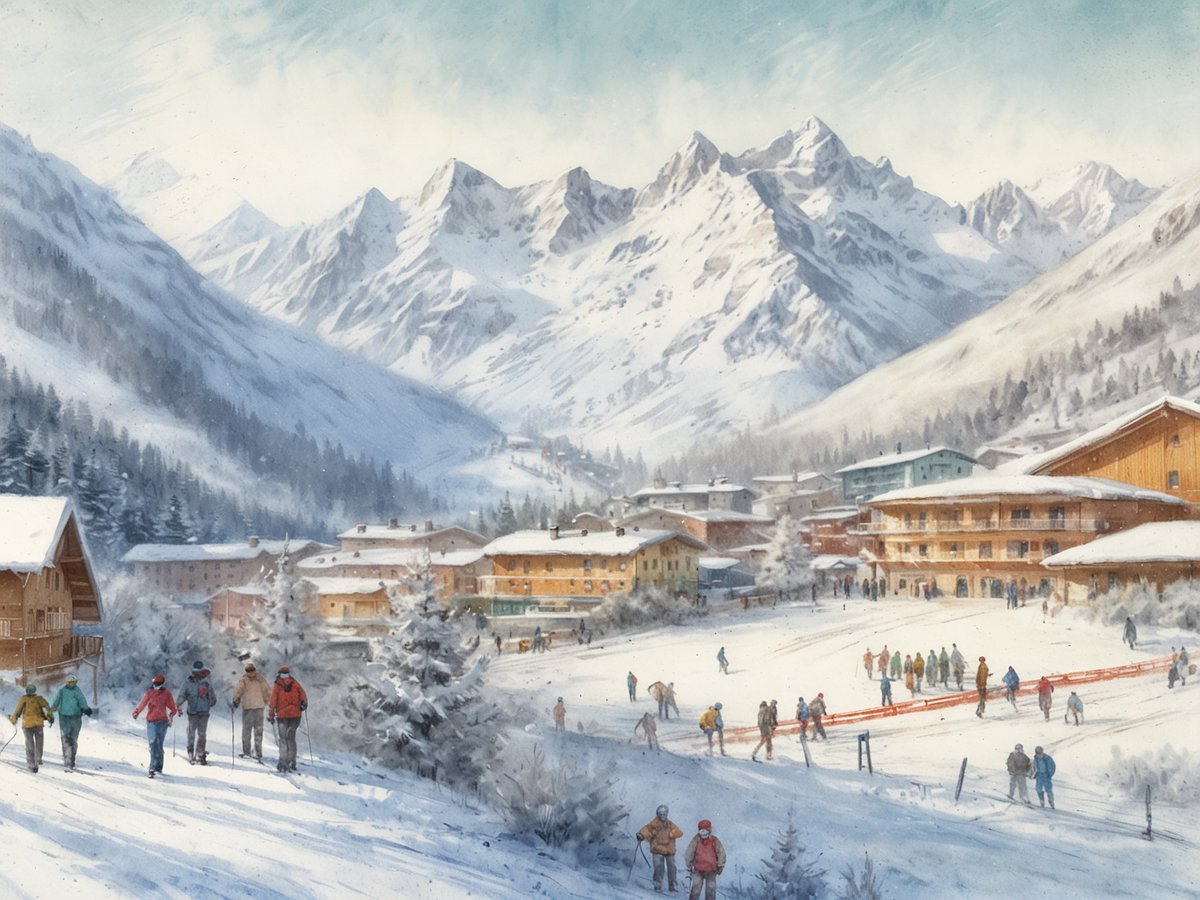 Eine alpine Winterlandschaft in Kaprun zeigt schneebedeckte Berge im Hintergrund und ein malerisches Dorf im Vordergrund. Gruppe von Wanderern führt einen Spaziergang auf einem verschneiten Weg, während Skifahrer in der Nähe eine Abfahrt genießen. Traditionelle Holzchalets säumen die Szene, umgeben von dichten, verschneiten Tannenbäumen. Die lebhaften Farben der Winterkleidung der Menschen bringen Leben in die ruhige, winterliche Umgebung. Die gesamte Atmosphäre strahlt ganzjähriges Skivergnügen und alpine Abenteuer aus.