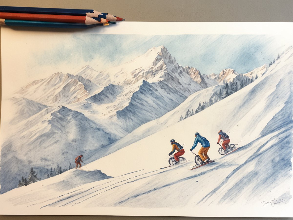 Eine Gruppe von drei Personen fährt auf speziellen Fahrrädern, die auf Skiern montiert sind, eine verschneite Piste hinunter. Im Hintergrund erstrecken sich majestätische Berge mit schneebedeckten Gipfeln. Ein einzelner Skifahrer ist weiter oben auf der Piste zu sehen. Die Szenerie ist geprägt von einer klaren winterlichen Atmosphäre und der Schönheit der Alpen, die Saalbach-Hinterglemm umgibt.
