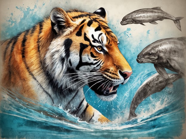 Auf dem Bild ist ein Tiger zu sehen, der im Wasser schwimmt, umgeben von einigen Fischen. Es handelt sich um eine künstlerische Darstellung, die lebendig und dynamisch wirkt. Dies hat jedoch keinen Bezug zu "Die faszinierenden Weißen Haie Südafrikas".