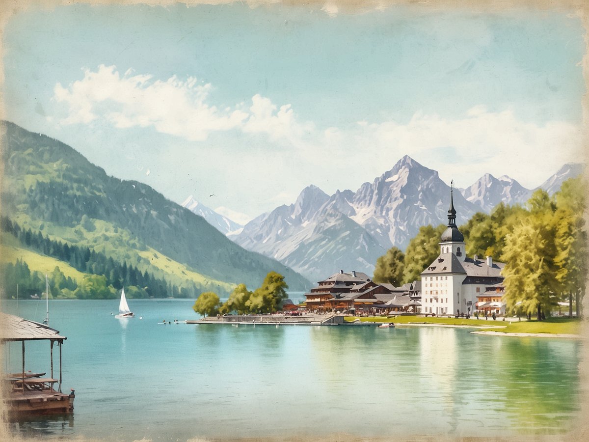 Eine malerische Seelandschaft am St. Wolfgang zeigt ein ruhiges Gewässer, umgeben von majestätischen Bergen und üppigem Grün. Am Ufer befinden sich mehrere Gebäude im traditionellen österreichischen Stil, darunter ein markantes, weißes Gebäude mit einem hohen Turm. In der Nähe des Ufers liegen Segelboote, während ein kleiner Holzsteg ins Wasser ragt. Die Szene strahlt eine friedliche Atmosphäre aus und lädt zur Entspannung in der Natur ein.