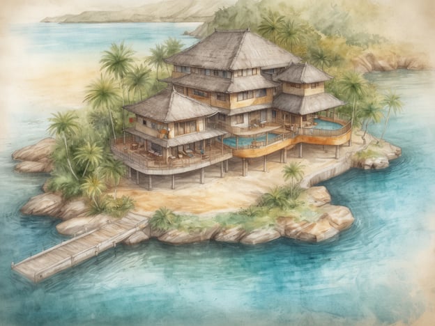 Das Bild zeigt eine malerische Darstellung eines tropischen Resorts, das an einem Strand liegt, umgeben von Palmen und klarem Wasser. Das Gebäude hat eine traditionelle, asiatische Architektur mit mehreren Stockwerken und großzügigen Terrassen, die zu Pools und einem weitläufigen Deck führen. 

**Überblick über COMO Parrot Cay:**
COMO Parrot Cay ist ein luxuriöses Resort auf einer privaten Insel in der Karibik. Es bietet Gästen eine exklusive Atmosphäre mit eleganten Villen und Suiten, die oft am Strand oder mit Meerblick liegen. Das Resort legt großen Wert auf Wellness und bietet verschiedene Spa-Behandlungen sowie gesunde gastronomische Optionen. Die Umgebung ist ideal für Erholung, Wassersport und Erkundung der unberührten Natur.