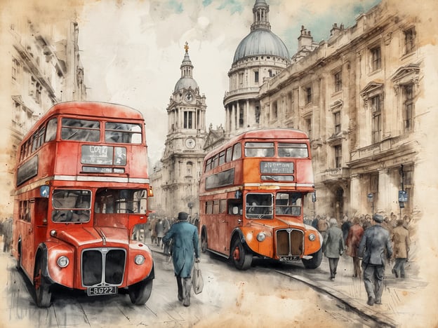 Auf dem Bild sind zwei rote Doppeldeckerbusse zu sehen, die auf einer Straße in London fahren. Im Hintergrund ragt eine beeindruckende Kirche oder Kathedrale, wahrscheinlich St. Paul