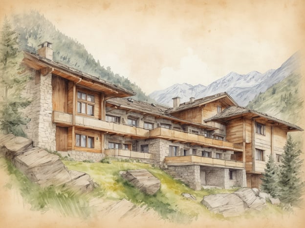 Auf dem Bild ist eine künstlerische Darstellung eines Hotels oder Chalets in den Alpen zu sehen, das eine Kombination aus Holz und Steinarchitektur aufweist. Der Bau wirkt rustikal und harmoniert gut mit der umgebenden Natur, was typisch für die alpine Bauweise ist.

Das COMO Alpina Dolomites ist ein luxuriöses Resort in den Dolomiten, bekannt für seine atemberaubende Lage, exklusive Annehmlichkeiten und einen Fokus auf Wellness und Erholung. Es bietet eine Vielzahl an Aktivitäten, darunter Skifahren und Wandern, sowie ein erstklassiges Spa und gastronomische Angebote, die lokale und internationale Küche präsentieren. Das Design des Resorts ist darauf ausgelegt, den Gästen ein Gefühl von Ruhe und Naturverbundenheit zu vermitteln, was sich auch in der Darstellung des Gebäudes in dem Bild widerspiegelt.