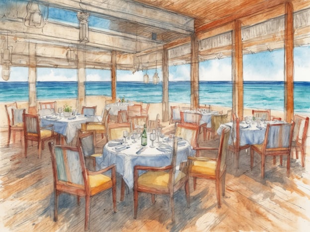 Auf dem Bild ist ein stilvoll eingerichtetes Restaurant zu sehen, das eine wunderbare Aussicht auf das Meer bietet. Die Tische sind elegant gedeckt, und die Anordnung der Stühle vermittelt ein einladendes Ambiente. Dieses Setting erinnert an die Gastronomie im COMO Maalifushi, wo Gäste eine exquisite Auswahl an Speisen und Getränken in einem luxuriösen, tropischen Umfeld genießen können. Die Kombination aus feiner Küche und atemberaubendem Meerblick schafft eine besondere Atmosphäre für unvergessliche Mahlzeiten.