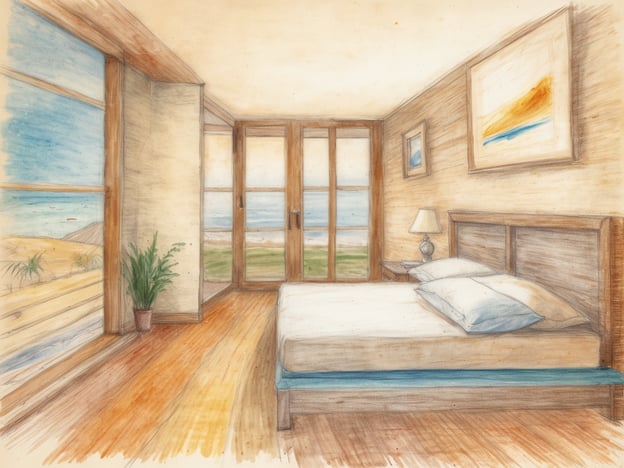 Auf dem Bild ist ein helles und einladendes Schlafzimmer zu sehen, das ein Gefühl von Wellness und Entspannung vermittelt. Die großen Fenster lassen viel Tageslicht herein und bieten einen schönen Blick auf die Natur. Die sanften Farben und die minimalistischen Möbel tragen dazu bei, eine ruhige Atmosphäre zu schaffen, die perfekt für Erholung und Ruhe ist. Die Pflanzen im Raum unterstreichen das entspannende Ambiente und bringen ein Stück Natur ins Innere. Insgesamt lädt dieser Ort dazu ein, sich zu entspannen und neue Energie zu tanken.