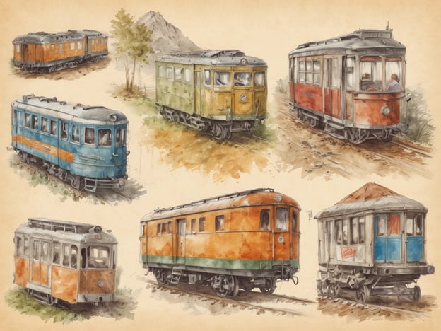 Auf dem Bild sind verschiedene historische Triebwagen und Schienenfahrzeuge zu sehen, die in Aquarelltechnik dargestellt sind. Diese Triebwagen könnten Teil einer historischen Bahnreise oder eines Eisenbahnmuseums sein. 

Die Angebote und Aktivitäten vor Ort könnten Folgendes umfassen:

- **Führungen durch ein Eisenbahnmuseum**: Besuch von Ausstellungen über die Geschichte der Eisenbahn.
- **Fahrten mit historischen Zügen**: Möglichkeit, auf bestimmten Strecken mit alten Triebwagen zu fahren.
- **Veranstaltungen und Sonderausstellungen**: Besondere Events, die die Geschichte und Technologie der Eisenbahnen thematisieren.
- **Familienfreundliche Aktivitäten**: Workshops und Programme für Kinder, um die Welt der Eisenbahnen zu entdecken.

So könnten Besucher ein faszinierendes und lehrreiches Erlebnis erhalten.