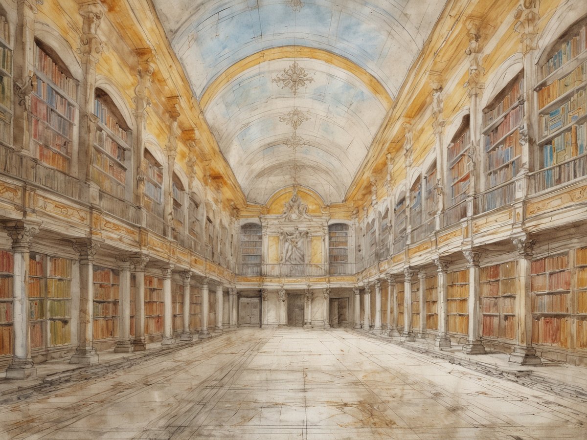 Eine beeindruckende Innenansicht der größten Klosterbibliothek der Welt, die mit hohen Decken, eleganten Säulen und kunstvoll verzierten Wänden gestaltet ist. Regale voller Bücher erstrecken sich entlang der Wände, während der Boden aus hellem Marmor glänzt. Das Licht fällt sanft durch große Fenster und betont die kunstvollen Details der Architektur. Im Hintergrund ist eine beeindruckende Skulptur zu sehen, die das geistliche Erbe des Klosters widerspiegelt.