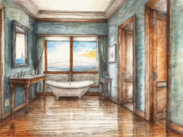 Auf dem Bild ist ein Badezimmer zu sehen. Es ist hell und elegant gestaltet, mit einem großen Fenster, das einen Blick auf eine Landschaft bietet. In der Mitte steht eine freistehende Badewanne. Neben der Badewanne befindet sich ein Waschtisch mit zwei Waschbecken. Die Wände sind in einem sanften Farbton gestrichen, und es gibt einige dekorative Elemente wie einen Spiegel und einen Blumenstrauß. Im Hintergrund sind mehrere Türen, die zu anderen Zimmern oder Suiten führen könnten. Der gesamte Raum vermittelt ein Gefühl von Ruhe und Komfort.