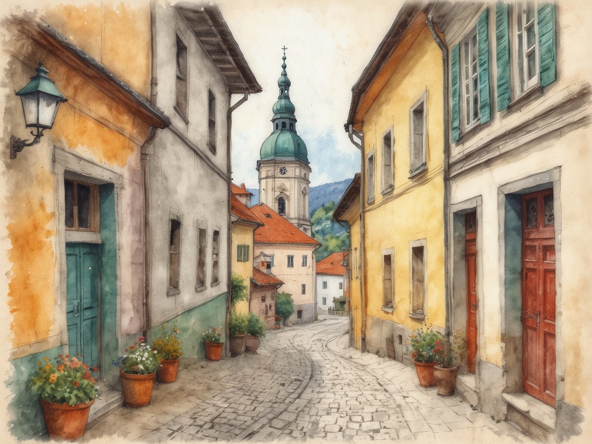 Eine malerische Gasse in Hartberg, Oststeiermark, mit charmanten Häusern in verschiedenen Farben. Links stehen ein grünes und ein orangefarbenes Haus mit Blumen in Töpfen davor, während auf der rechten Seite ein gelbes Haus mit geschlossenen Fensterläden und eine Holzhaustür zu sehen sind. Der Blick führt zu einem markanten Kirchturm mit einer grünen Kuppel im Hintergrund, eingerahmt von sanften Hügeln und einer klaren Himmel. Die gepflasterte Straße schlängelt sich sanft durch die Szenerie und vermittelt eine Atmosphäre historischer Eleganz und lebendigen Stadtlebens.