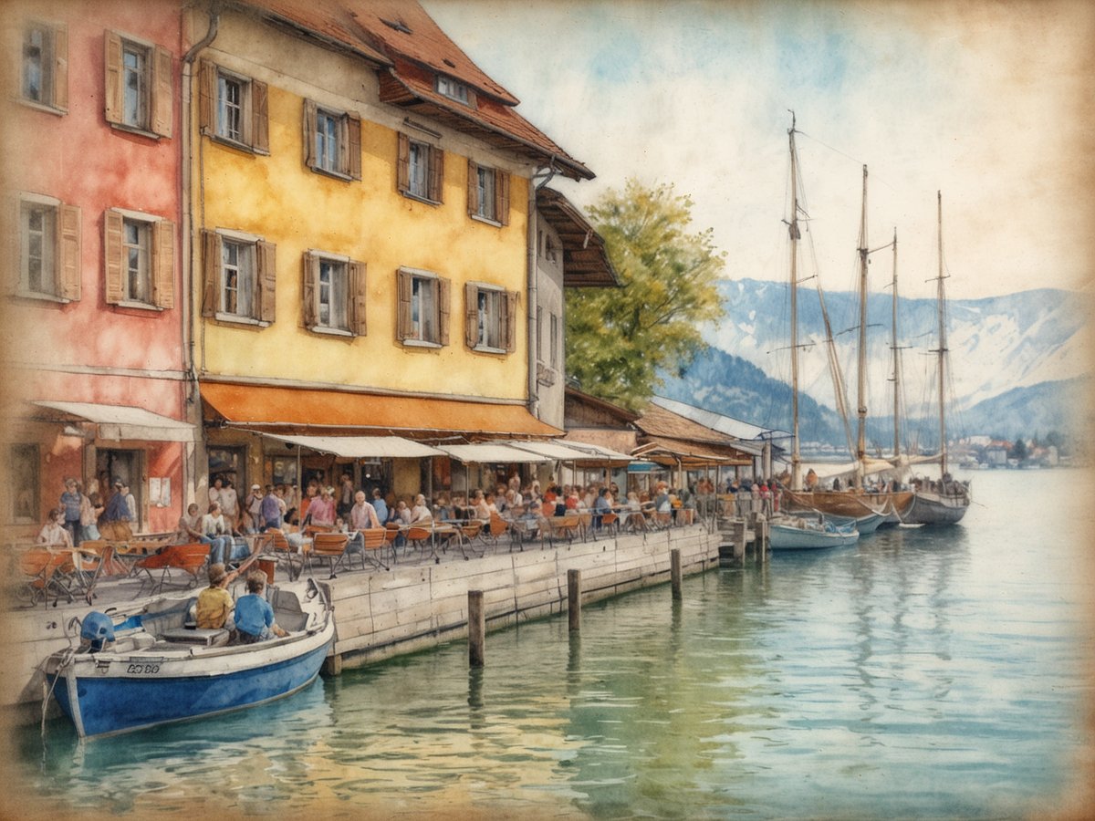 Bregenz am Bodensee zeigt eine malerische Hafenpromenade mit bunten Häusern in sanften Pastellfarben. Auf der Terrasse eines Cafés sitzen zahlreiche Menschen und genießen die Atmosphäre. Am Hafen liegen mehrere Boote, darunter ein blaues Boot, während im Hintergrund majestätische Berge zu sehen sind. Die Szenerie vermittelt eine lebendige, entspannte Stimmung und lädt zum Verweilen ein.