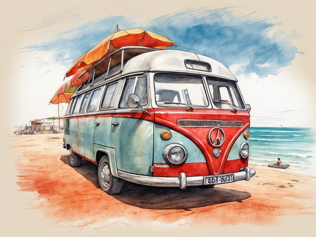 Auf dem Bild ist ein farbenfroher VW-Bus zu sehen, der am Strand steht. Der Bus hat einen pastellblauen und roten Anstrich und ist mit mehreren Sonnenschirmen auf dem Dach ausgestattet, was auf einen entspannten Tag am Strand hinweist. Im Hintergrund sieht man das Meer, und am Strand ist eine Person zu sehen, die sich entspannt oder mit Wasser spielt.

**Tipps für Besucher:**
1. **Hitzeschutz**: Wenn du am Strand bist, vergiss nicht, Sonnencreme aufzutragen und einen Hut zu tragen.
2. **Sonne genießen**: Nutze die Schirme oder bring deinen eigenen mit, um Schatten zu finden.
3. **Wasseraktivitäten**: Überlege dir, Wassersportarten auszuprobieren, wenn sie angeboten werden.
4. **Picknick**: Plane ein Picknick, um die schöne Umgebung zu genießen – ein Bus wie dieser wäre perfekt dafür!
5. **Entspannung**: Nimm dir Zeit, um einfach zu entspannen und die Aussicht zu genießen.