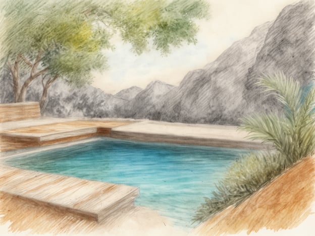 Auf dem Bild ist eine ruhige Wellness-Oase zu sehen. Es zeigt einen klaren Pool, umgeben von einer warmen Holzterrasse und sanften grünen Pflanzen. Die Berglandschaft im Hintergrund erzeugt eine entspannte Atmosphäre, ideal zum Relaxen und Abschalten. Diese Szene vermittelt ein Gefühl von Frieden und Naturverbundenheit, perfekt für Entspannung und Wellness.