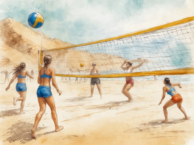 Auf dem Bild ist eine Gruppe von Menschen am Strand zu sehen, die Volleyball spielen. Dies ist eine beliebte Freizeitaktivität auf einer Insel, da es sowohl sportlich als auch gesellig ist. Außerdem genießen die Menschen häufig das Sonnenbaden, Schwimmen im Meer und andere Strandspiele in solch einer Umgebung. Der Strand bietet viele Möglichkeiten für Erholung und Spaß in der Natur.