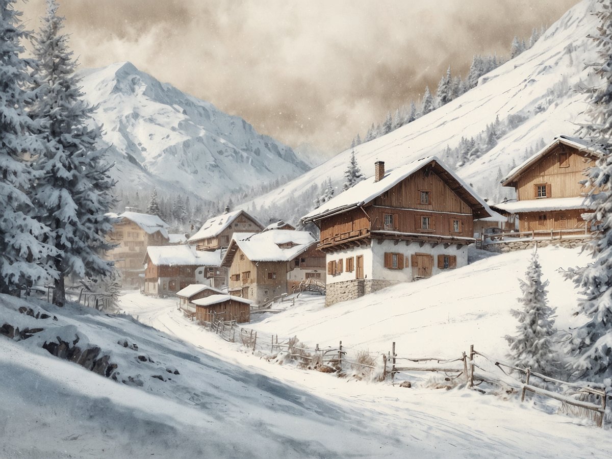 Ein malerisches Winterdorf in Damüls, das schneereichste Dorf der Welt, ist zu sehen. Die Szene zeigt eine ruhige, verschneite Landschaft mit mehreren traditionellen Holzhäusern, die sanft in den Hügel eingebettet sind. Hohe Tannenbäume tragen eine dicke Schneeschicht, und im Hintergrund erheben sich majestätische Berge mit schneebedeckten Gipfeln unter einem bewölkten Himmel. Der verwunschene Charme des Dorfes strahlt eine friedliche Atmosphäre aus, die die winterliche Idylle perfekt widerspiegelt.