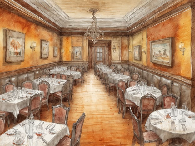 Das Bild zeigt eine elegante Restaurant-Umgebung mit Tischen, die mit weißen Tischdecken gedeckt sind. Die Einrichtung ist stilvoll, mit gepolsterten Bänken und kunstvollen Gemälden an den Wänden. Die warmen Farbtöne und die Beleuchtung verleihen dem Raum eine einladende Atmosphäre. Im Kontext des Centara Grand Al Bustan Hotels in Doha könnte dieses Ambiente eine gehobene Gastronomie repräsentieren, ideal für ein feines Abendessen oder besondere Anlässe.