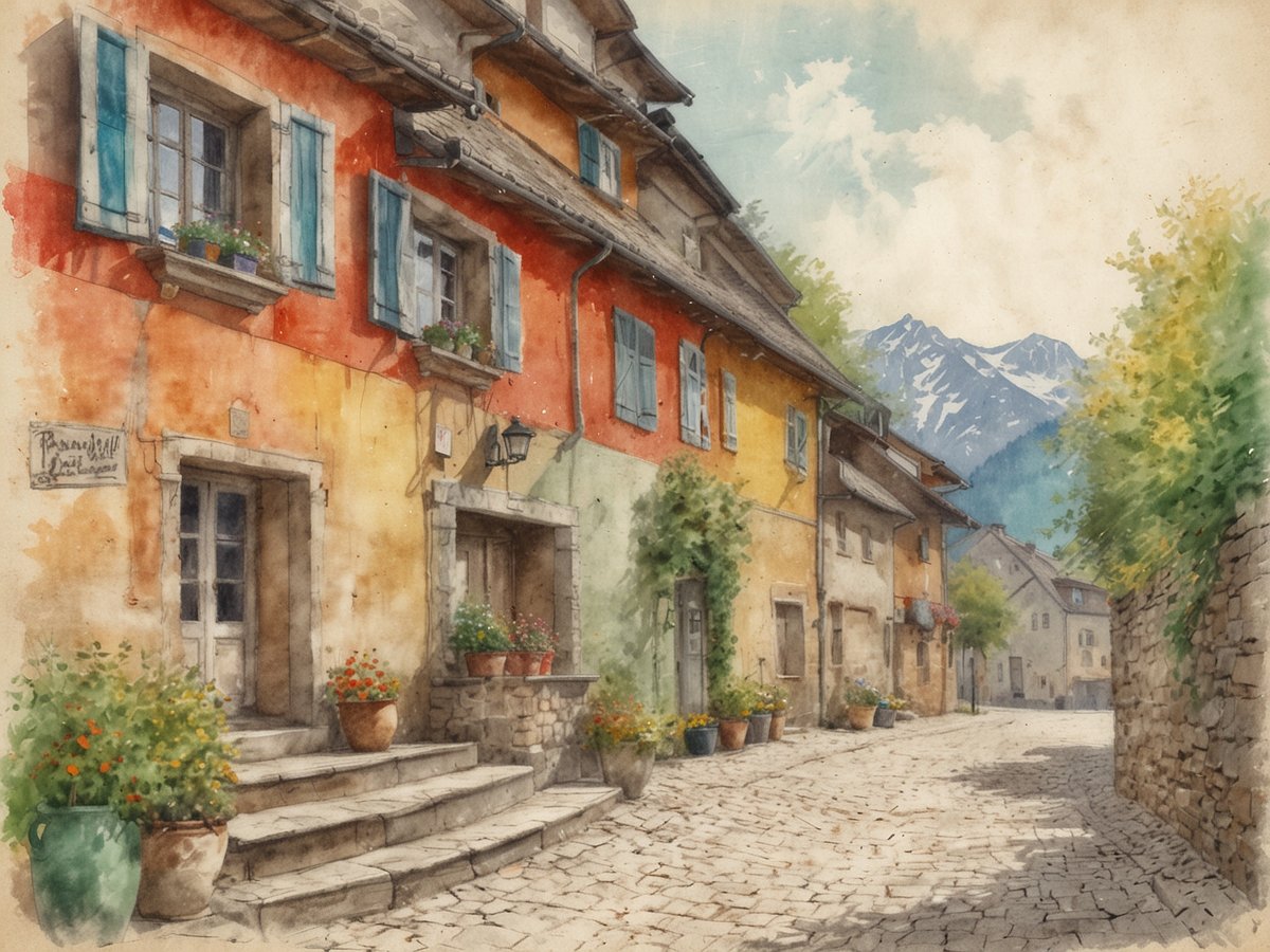 Eine malerische Gasse in einem historischen Ort mit bunten Häusern, die mit blauen Fensterläden und Pflanzen geschmückt sind. Treppen führen hinauf zu einer Hausfront, während Töpfe mit Blumen den Weg säumen. Im Hintergrund sind sanfte Berge zu sehen, die eine friedliche Kulisse bieten. Die Szenerie strahlt eine charmante Atmosphäre von Tradition und Gemeinschaft aus.