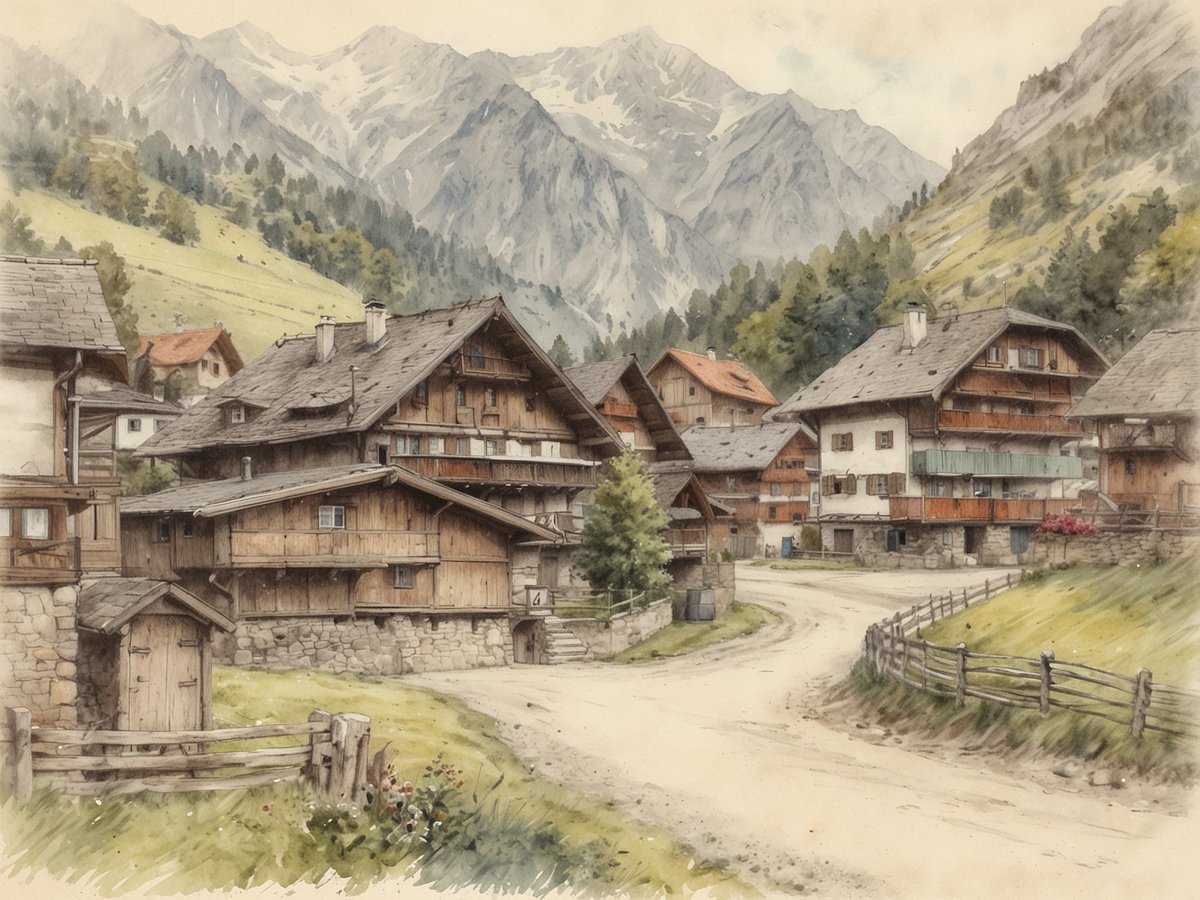 Charmantes Dorf im Herzen des Montafons mit traditionellen Holzhäusern, die sich entlang einer kurvenreichen Straße gruppieren. Im Hintergrund erheben sich majestätische Berge mit schneebedeckten Gipfeln. Grüne Wiesen und vereinzelte Bäume umgeben das Dorf, während klare, sanfte Farben den friedlichen Charakter der Szene unterstreichen. Der Himmel ist in sanften Tönen gehalten, was zur idyllischen Atmosphäre beiträgt.