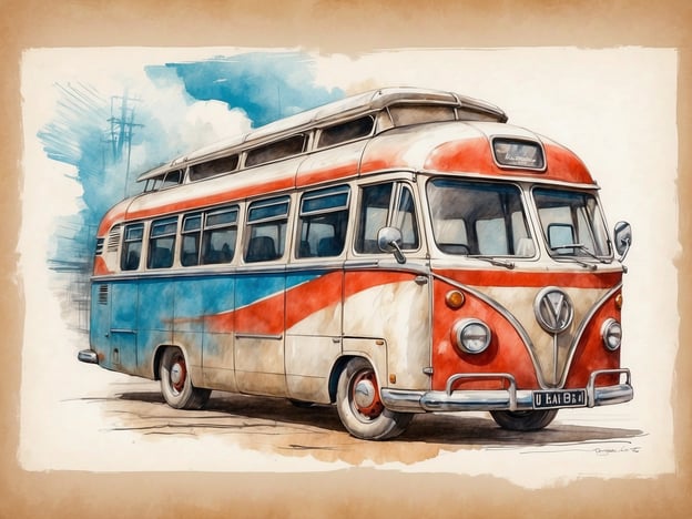 Auf dem Bild ist ein klassischer Volkswagen-Bus zu sehen, der in einem nostalgischen Design mit roten und blauen Farben gestaltet ist. Der Bus ist ein beliebtes Symbol für Freiheit und Reisen, vor allem in den 1960er und 1970er Jahren.

### Praktische Informationen für Besucher:

1. **Begegnung mit Oldtimern**: Viele Städte veranstalten Oldtimermessen oder Ausstellungen, bei denen man solche Fahrzeuge sehen kann. Informieren Sie sich über lokale Veranstaltungen.

2. **Fahrzeuge mieten**: In einigen Regionen kann man Oldtimer-Busse mieten, um einen besonderen Roadtrip zu erleben.

3. **Fotomöglichkeiten**: Diese klassischen Fahrzeuge sind ideale Fotomotive. Suchen Sie nach Malerischen Orten oder bei Oldtimertreffen, um schöne Erinnerungsfotos zu machen.

4. **Camps und Festivals**: Viele Volkswagen-Bus-Liebhaber organisieren Camping-Treffen oder Festivals. Diese sind eine tolle Möglichkeit, Gleichgesinnte zu treffen und die Atmosphäre vergangener Zeiten zu genießen. 

5. **Restaurierung**: Wenn Sie selbst Interesse an Oldtimern haben, gibt es zahlreiche Workshops und Kurse, in denen Sie lernen können, wie man solche Fahrzeuge restauriert und pflegt.

Viel Spaß beim Entdecken der Welt der klassischen VW-Busse!