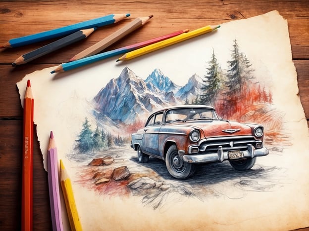 Auf dem Bild ist eine Zeichnung eines klassischen Autos zu sehen, das vor einer malerischen Berglandschaft steht. Um das Bild herum liegen bunte Buntstifte, die darauf hindeuten, dass es möglicherweise Teil eines kreativen Prozesses ist. 

Was ist Fantasiana? Fantasiana könnte auf ein fiktives Land oder einen Freizeitpark hinweisen, der mit Fantasie, Abenteuer und kreativen Erlebnissen verbunden ist, in dem verschiedene Attraktionen und Erlebnisse angeboten werden, die die Vorstellungskraft anregen.