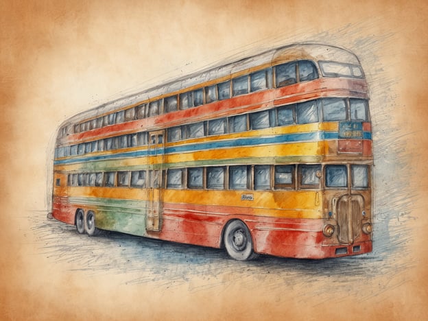 Auf dem Bild ist ein farbenfroher Doppelstockbus zu sehen, der in einem künstlerischen Aquarellstil dargestellt ist. Dieser alte Bus, mit leuchtenden Farben wie Rot, Orange, Gelb und Grün, vermittelt nostalgische Gefühle und erinnert an die goldene Ära des Straßenverkehrs. 

Ein einzigartiges Erlebnis könnte eine nostalgische Stadtrundfahrt in einem ähnlichen Bus sein, bei der die Passagiere unterhaltsame Geschichten über die Stadtgeschichte hören und die Sehenswürdigkeiten aus einer neuen Perspektive entdecken können. Solche Erlebnisse bieten nicht nur eine ungewöhnliche Art des Reisens, sondern auch die Möglichkeit, die Stadt mit Freunden und Familie auf eine besondere Art zu erkunden.