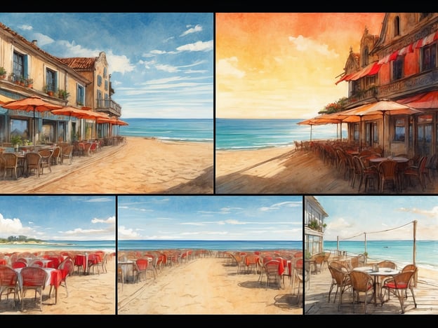 Auf dem Bild sind verschiedene Ansichten eines Strandcafés oder Restaurants zu sehen, das an einem Sandstrand liegt. Es gibt Tische mit roten Tischdecken und Sonnenschirme in den Farben der Einrichtung, die auf eine entspannte, maritime Atmosphäre hinweisen. Die Aussicht auf das Meer und den Himmel wirkt einladend.

Die Öffnungszeiten und Standorte könnten eventuell wie folgt sein, basierend auf typischen Strandcafés:

- **Standort**: Küstenregion, etwa in Südeuropa oder entlang mediterraner Strände.
- **Öffnungszeiten**: Täglich von 10:00 bis 22:00 Uhr, abhängig von der Saison.

Bitte beachten, dass die genauen Standorte und Öffnungszeiten variieren können.