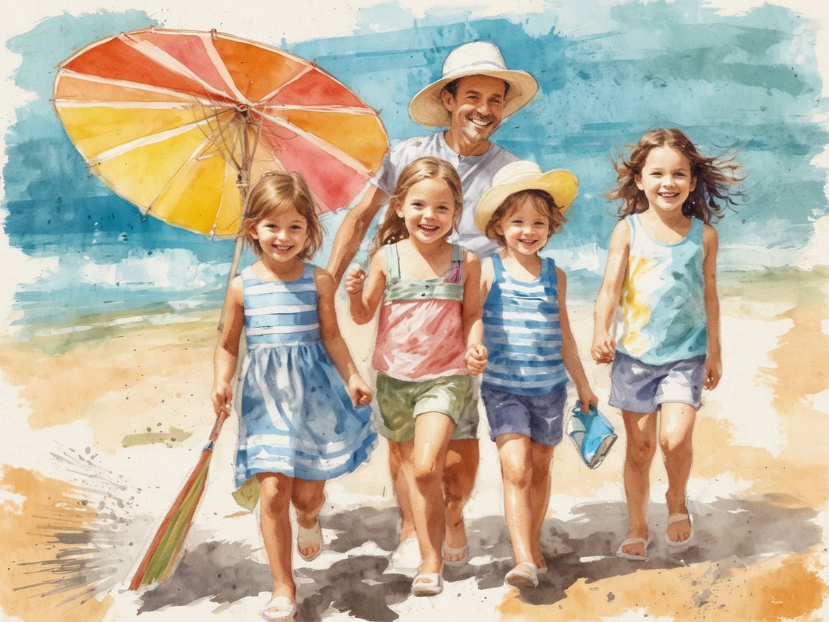 Eine fröhliche Familie am Strand, bestehend aus einem Vater und vier kleinen Mädchen, die in bunten Sommerkleidung und Badekleidung laufen. Der Vater trägt einen großen Sonnenhut und hält einen farbenfrohen Sonnenschirm. Die Kinder lachen und scheinen viel Spaß zu haben, während sie in Richtung Wasser rennen. Hintergrund zeigt einen klaren blauen Himmel und sanfte Wellen am Strand, was eine entspannte Sommerurlaubsatmosphäre vermittelt.