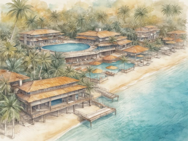 Auf dem Bild ist eine künstlerische Darstellung des Centara North Chaweng Resort zu sehen. Das Resort befindet sich an einem schönen Strand und ist von Palmen umgeben. Es zeigt mehrere Gebäude mit traditionellen, thailändischen Dächern, einen großen Pool in der Mitte, sowie verschiedene Liegebereiche und Schutzdach-Strukturen am Ufer. Die gesamte Anlage wirkt einladend und entspannt, ideal für Urlauber, die Ruhe und Komfort suchen.