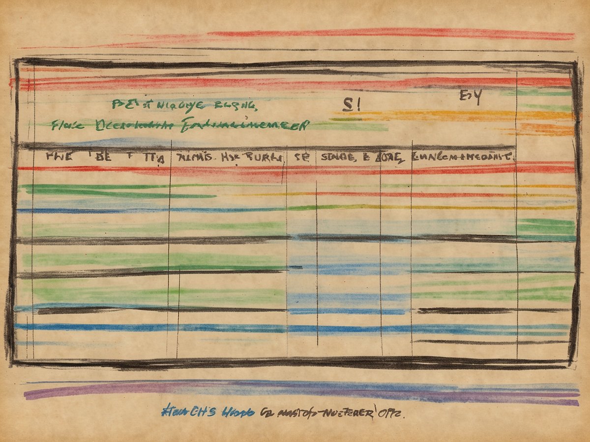 Das Bild zeigt ein handgezeichnetes Diagramm oder eine Tabelle, die mit verschiedenen Farben unterteilt ist. Im oberen Bereich sind einige farbige Linien und handschriftliche Notizen zu sehen. Die Schrift scheint teilweise schwer lesbar, mit Worten, die teilweise durch Abkürzungen oder unvollständige Sätze dargestellt sind. Am unteren Rand des Bildes steht eine blaue Unterschrift. Der Hintergrund ist beige und wirkt leicht verknittert oder abgenutzt.