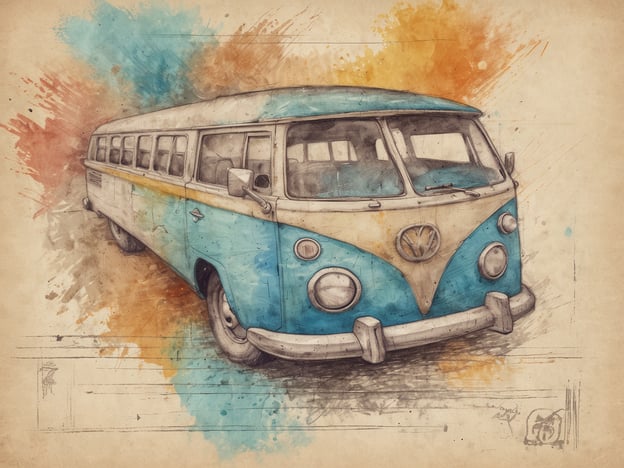 Auf dem Bild ist ein stilisierter, klassischer Volkswagen-Bus zu sehen, der mit sanften Farben und Aquarell-Technik dargestellt ist. Der Bus strahlt ein Gefühl von Nostalgie und Abenteuer aus, was perfekt zur Entspannung und Erholung auf Reisen passt. Die warmen, lebendigen Farben erinnern an Sommerausflüge und gemütliche Roadtrips, die uns die Möglichkeit geben, dem Alltag zu entfliehen und sich zu entspannen.