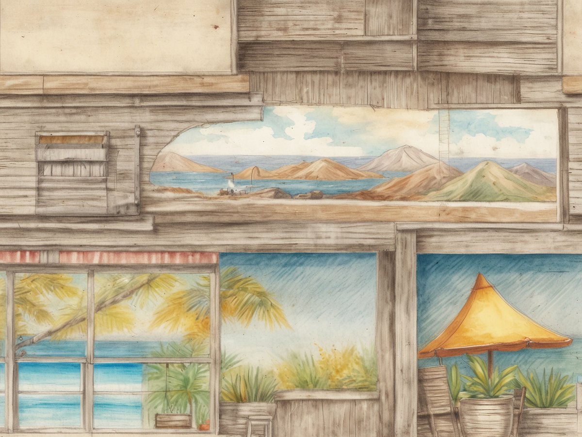 Das Bild zeigt eine gemütliche Innenansicht eines Hauses mit Holzverkleidung. An der Wand sind große Fenster, die den Blick auf eine erfreuliche Landschaft mit Wasser und Hügeln freigeben. Im Vordergrund sind Palmen und ein gelbes Sonnenschirm zu sehen, während der Raum mit einem Strohsessel dekoriert ist. Hinter den Fenstern erstreckt sich eine ruhige Küstenlandschaft, die zum Entspannen einlädt.