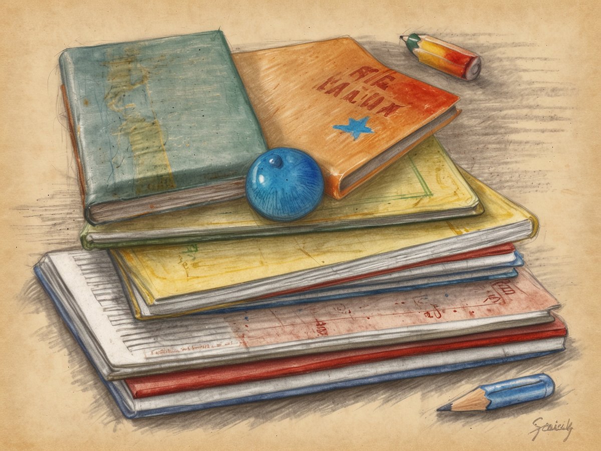 Auf dem Bild sind mehrere Bücher und Hefte übereinander gestapelt, die in verschiedenen Farben gestaltet sind. Ein blaues Ballspielzeug liegt auf dem oberen Buch. Außerdem sind ein farbiger Bleistift und ein Holzstift sichtbar. Der Hintergrund ist in sanften Farbtönen gehalten, was dem Bild eine angenehme, kreative Atmosphäre verleiht.
