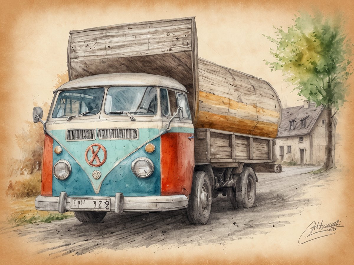 Ein nostalgischer Volkswagen-Bus, lackiert in blauen und roten Farben, steht auf einer ländlichen Straße. Auf der Ladefläche des Busses befindet sich ein großes Holzstück. Im Hintergrund sind einige Häuser und Bäume zu sehen, die für eine ruhige, ländliche Atmosphäre sorgen. Die gesamte Szene ist in Aquarelltechnik dargestellt, was ihr einen sanften und künstlerischen Look verleiht. Wie viel Urlaub bei 5-Tage-Woche?