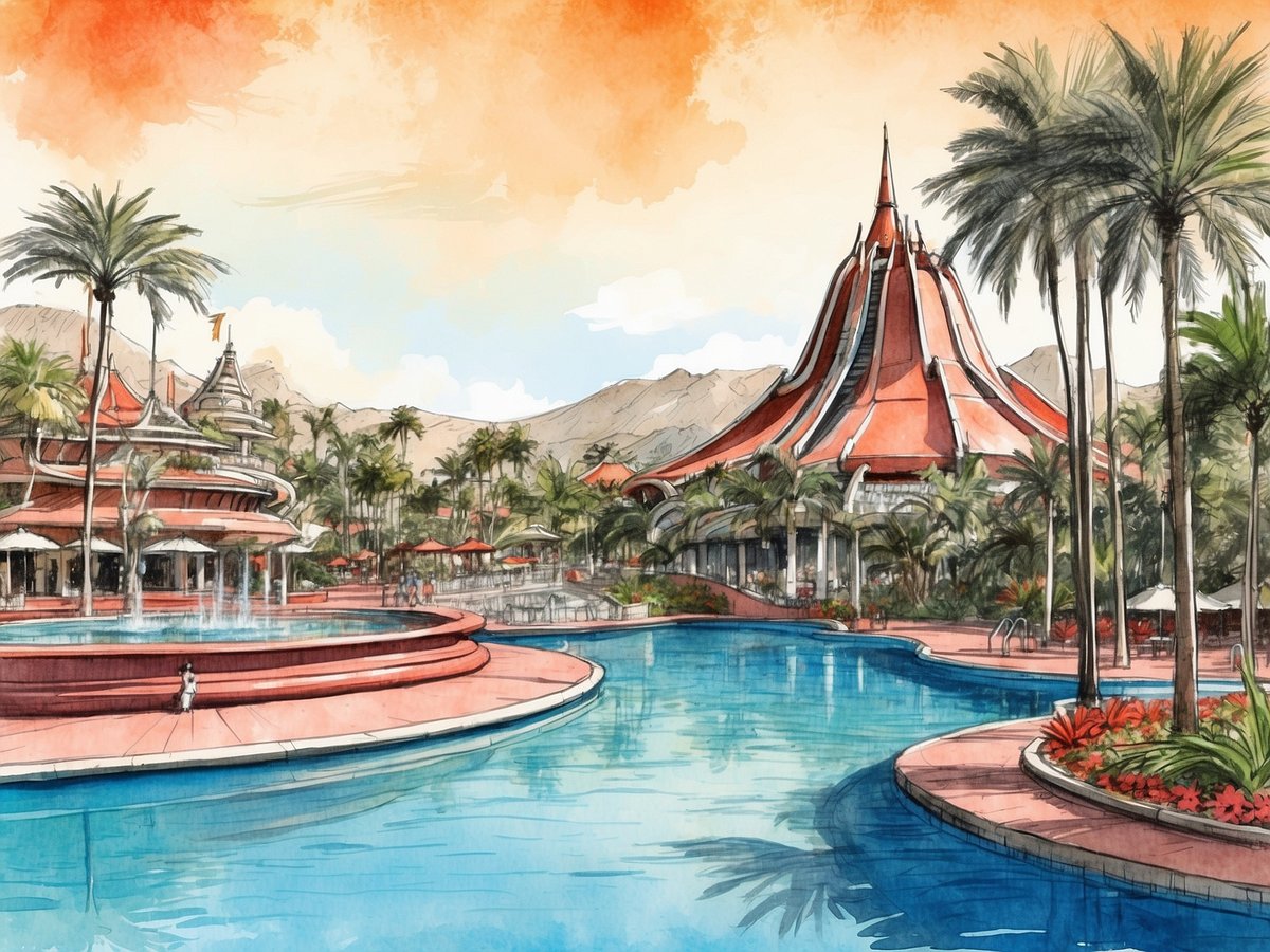 Der Siam Park in Spanien zeigt eine spektakuläre Landschaft mit einem großen, blauen Pool im Vordergrund, umgeben von tropischen Palmen und bunten Blumenbeeten. Im Hintergrund ragt das markante, rote Hauptgebäude auf, das architektonisch an thailändische Tempel erinnert und von Bergen umgeben ist. Die gesamte Szene ist von einem warmen, orangefarbenen Himmel durchzogen, der eine einladende und entspannende Atmosphäre schafft.