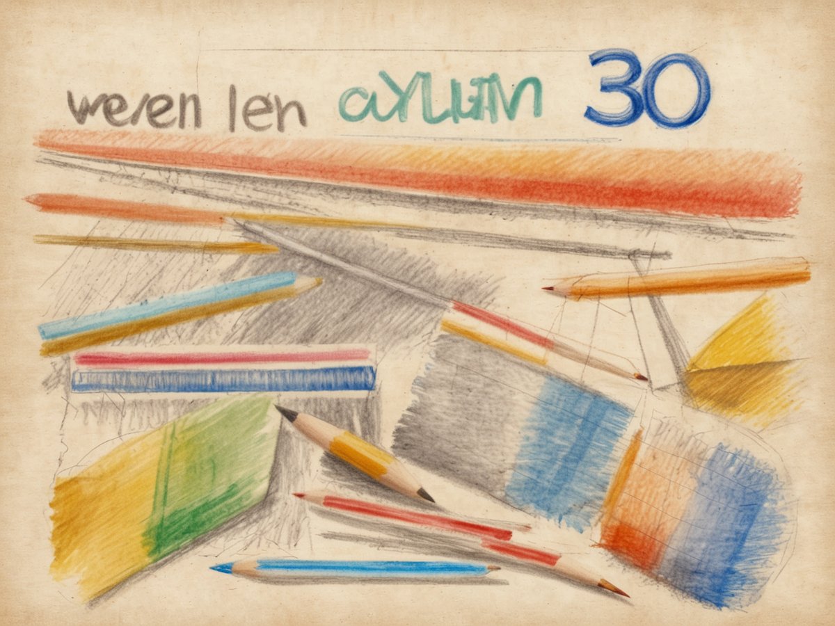 Das Bild zeigt eine Oberfläche, die mit verschiedenen Buntstiften und Farbstiften bedeckt ist. Die Schreibgeräte sind in unterschiedlichen Farben angeordnet, darunter Blau, Gelb, Rot und Grün. Es sind auch einige geschaffene Farbstriche in verschiedenen Tönen sichtbar. Auf der Oberseite des Bildes steht in einem handschriftlichen Stil der Text "weven len asylum 30". Der Hintergrund ist beige und wirkt wie Papier.