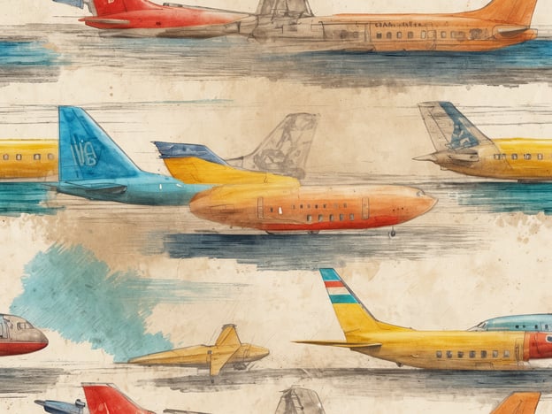 Auf dem Bild sind verschiedene Flugzeuge in verschiedenen Farben und Designs zu sehen. Die Darstellung ist aquarellartig und vermittelt eine dynamische Bewegung. In einem Hotelkontext könnten die Zimmer und Suiten thematisch an das Reisen und die Luftfahrt angelehnt sein, möglicherweise mit Dekorationen oder Farbkonzepten, die an Flugzeuge erinnern. Solche Zimmer könnten eine entspannte Atmosphäre für Reisende bieten, die das Flugthema aufgreifen.