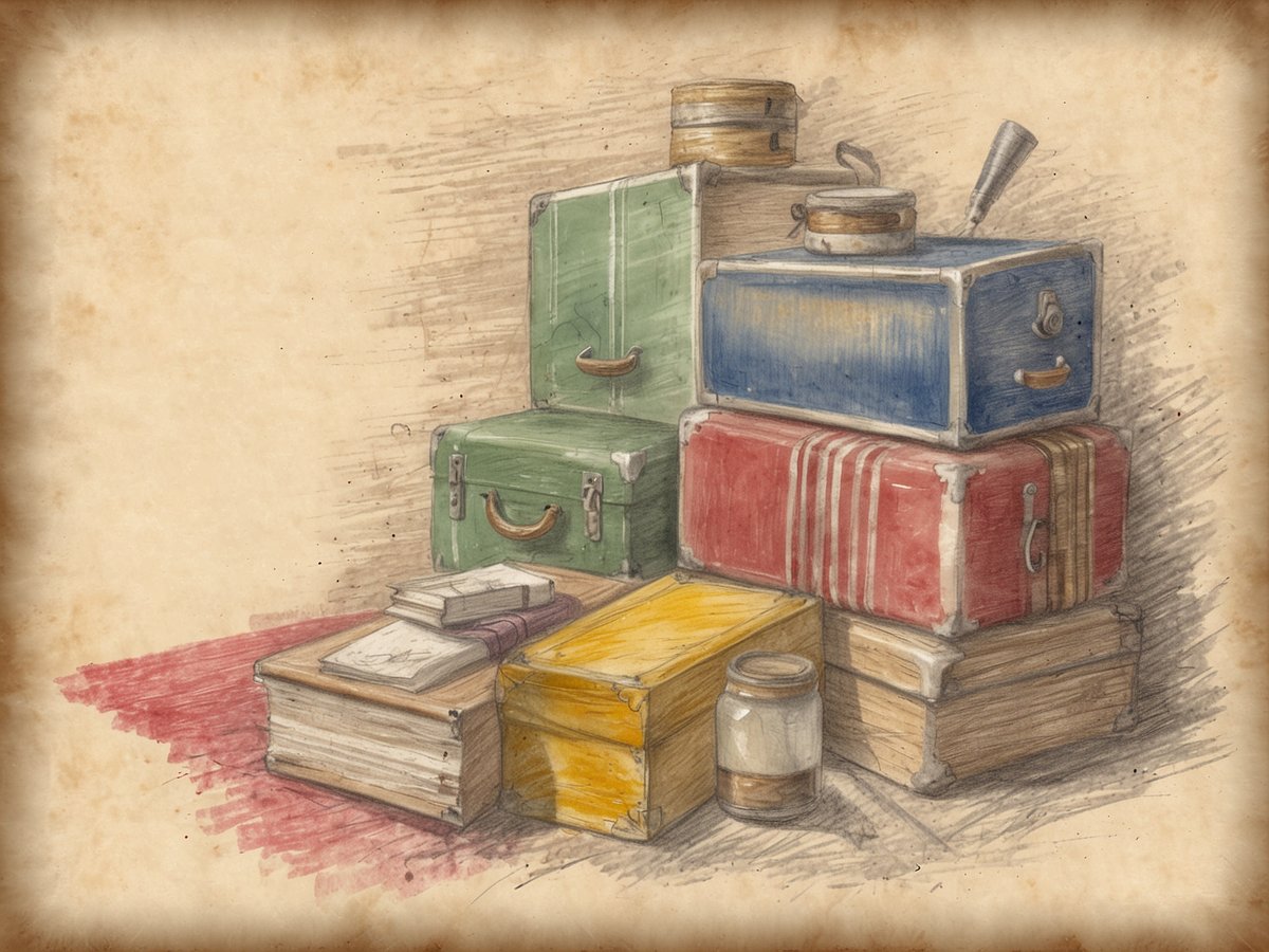 Auf dem Bild sind mehrere Koffer und Bücher zu sehen, die übereinander gestapelt sind. Die Koffer haben verschiedene Farben wie grün, blau, rot und gelb und zeigen unterschiedliche Designs. Neben den Koffern befinden sich auch einige Stapel Bücher sowie ein kleines Glas. Die gesamte Szene vermittelt einen nostalgischen Eindruck, als wäre sie in einer alten Umgebung oder auf einem Reisemarkt entstanden. Dieser Anblick könnte an eine Zeit erinnern, in der man oft reist, vielleicht nach sechs Wochen krank, dann Urlaub und dann wieder krank.
