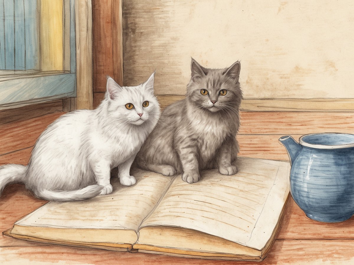 Zwei Katzen sitzen auf einem offenen Buch. Die erste Katze ist weiß mit auffälligen, orangefarbenen Augen, während die zweite Katze grau ist und ebenfalls orangefarbene Augen hat. Im Hintergrund sind Bücherregale zu sehen, und auf der rechten Seite steht eine blaue Kanne. Der Boden ist aus Holz und vermittelt eine gemütliche Atmosphäre.