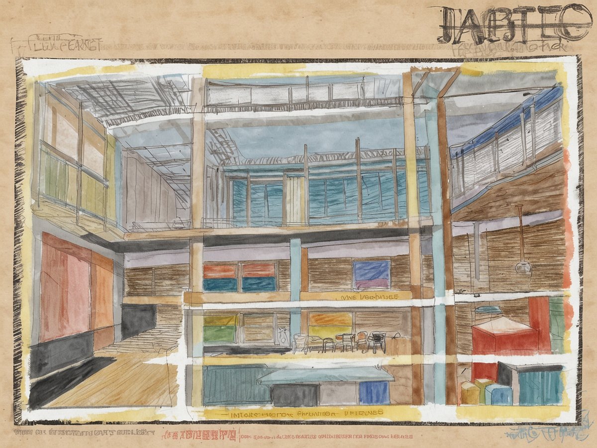 Eine künstlerische Zeichnung eines modernen Innenraums mit mehreren Stockwerken. Die Architektur zeigt gestaltete Ebenen mit großen Fenstern und Holz- sowie Farbflächen. Auf verschiedenen Etagen sind Möbel und Sitzgelegenheiten sichtbar, umgeben von hellen Farben und Holzstrukturen. Der Raum scheint offen und einladend zu sein, was eine angenehme Atmosphäre schafft. Der Stil vermittelt einen kreativen und funktionalen Raum, ideal für eine Umgebung wie ein Jobcenter, das möglicherweise auch längere Aufenthalte von über drei Wochen fördert.