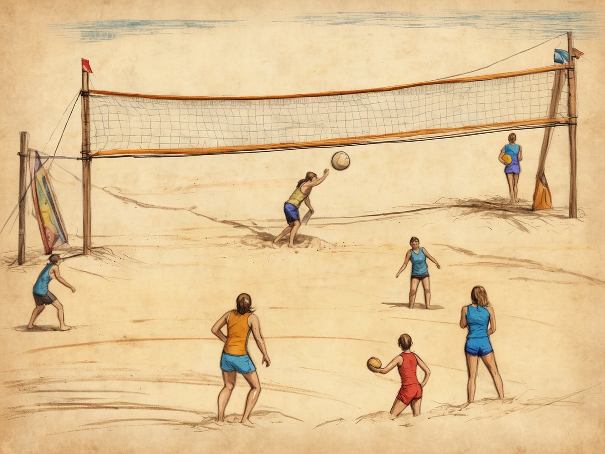 Eine Gruppe von Erwachsenen spielt Beachvolleyball am Strand. Es sind vier Spieler zu sehen, die sich auf dem sandigen Untergrund bewegen, während ein Ball über das Netz geschlagen wird. Im Hintergrund steht ein weiteres Mitglied der Gruppe, das auf den Spielverlauf achtet. Die Teilnehmer tragen sportliche Kleidung und genießen die Freizeitaktivität unter einem blauen Himmel. Das Bild vermittelt eine entspannte Urlaubsatmosphäre und den Spaß am Spiel im Freien.