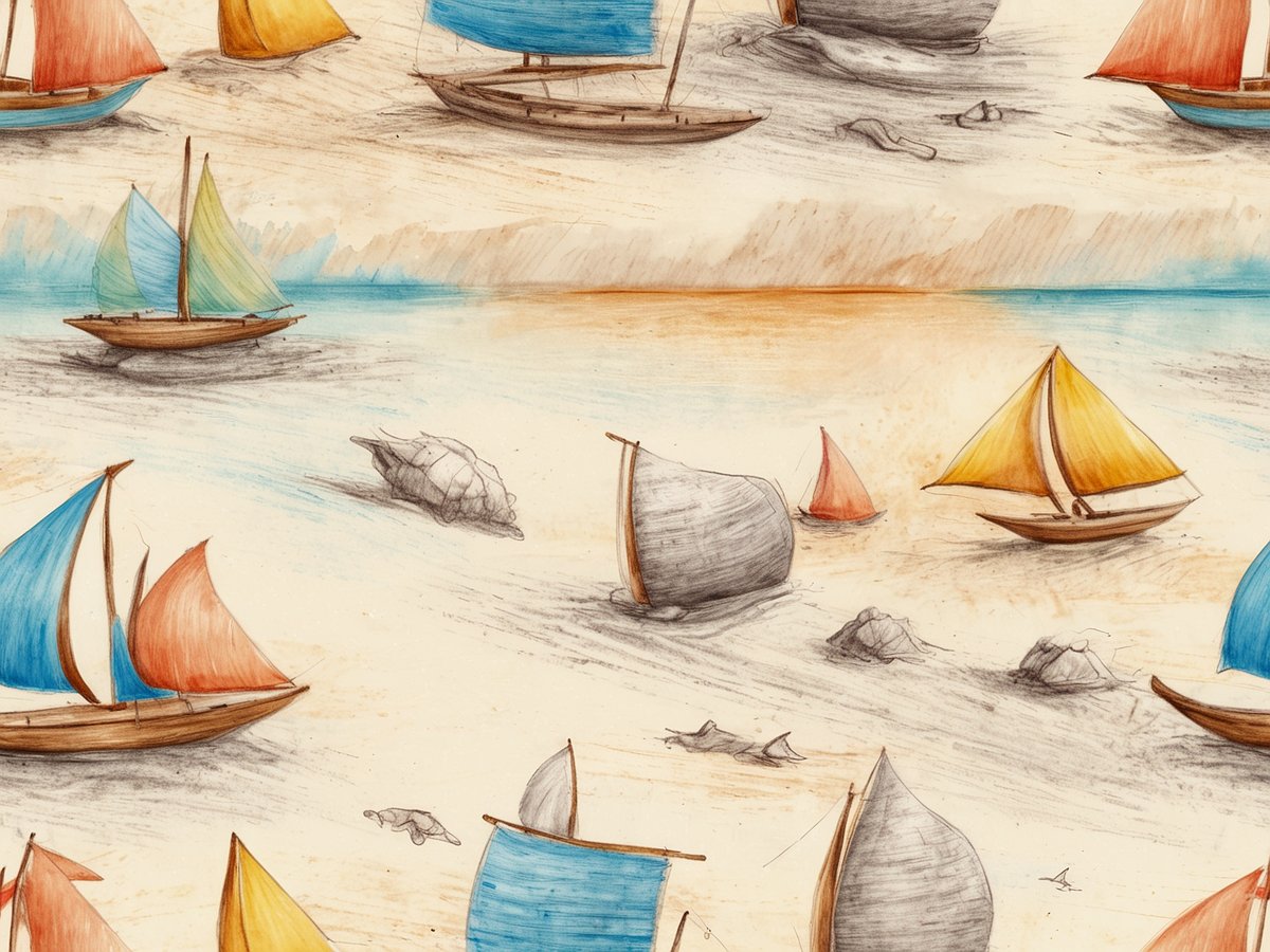 Eine malerische Darstellung von Segelbooten in verschiedenen Farben, die im sanften Wasser schwimmen. Im Hintergrund sind sanfte Wellen und ein wärmender Himmel zu sehen. Einige Muscheln liegen am sandigen Ufer, während in der Ferne kleine Boote mit bunten Segeln, darunter Blau, Rot und Gelb, zu sehen sind. Die Szene vermittelt ein Gefühl von Ruhe und Urlaub und erinnert an entspannte Tage an einem Strand.