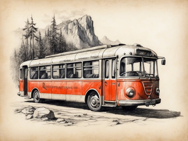 Auf dem Bild ist ein historischer Bus zu sehen, der in einem skizzenhaften Stil dargestellt ist. Der Bus hat eine charakteristische Form und ist rot mit einem silbernen Dach. Er steht auf einem Weg, umgeben von Bäumen und Bergen, was auf eine ländliche oder bergige Umgebung hinweist. 

Praktische Informationen zu einem solchen Bus könnten Folgendes umfassen:

1. **Verwendung**: Historische Busse werden oft für nostalgische Fahrten, Touren oder Veranstaltungen eingesetzt.
2. **Restaurierung**: Viele dieser Fahrzeuge werden von Liebhabern restauriert und erhalten, um die Mobilität der Vergangenheit zu bewahren.
3. **Tourismus**: Solche Busse sind oft Teil von touristischen Attraktionen, die eine Verbindung zur Geschichte der Verkehrsmittel bieten.

Diese Art von Bus könnte in verschiedenen Museen oder auf Oldtimertreffen anzutreffen sein.