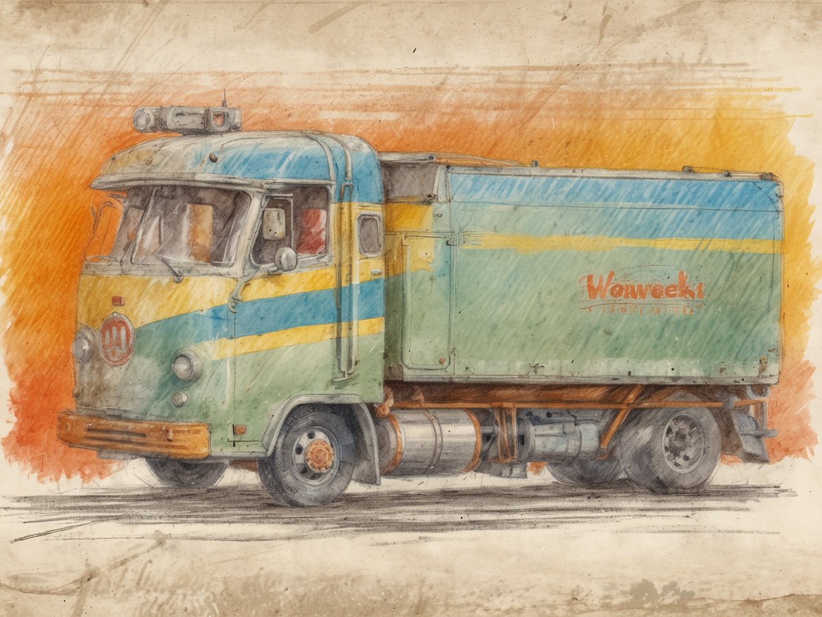 Ein farbenfroher Lkw mit einer Kombination aus grünen, blauen und gelben Farben steht auf einer abgegrenzten Fläche. Der Lkw hat eine schlichte Form und ist auf der Seite mit dem Schriftzug „Wowweeks“ beschriftet. Im Hintergrund ist ein orangefarbener Farbverlauf zu sehen, der dem Bild eine lebendige Atmosphäre verleiht. Die Zeichnung wirkt wie eine Aquarellskizze und vermittelt den Eindruck von Nostalgie und Zweckmäßigkeit.